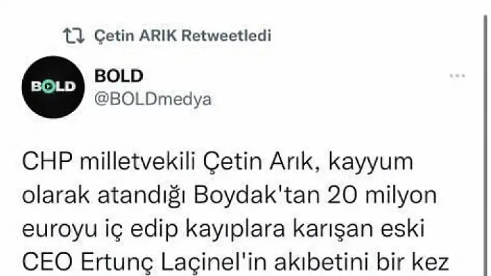 Arık, Ertekin'in işaret ettiği o retweetini sildi