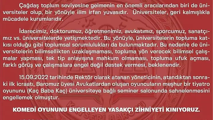 Baro'dan ERÜ'nün yeni Rektörü'ne sert tepki…