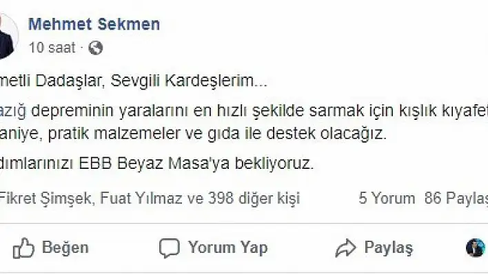 Başkan Sekmen'den depremzedelere yardım çağrısı