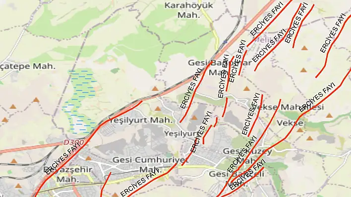 Erciyes Fayının geçtiği bazı mahalleler! Gesi, İldem, Toki, Beyazşehir, Yeşilyurt, Gömeç