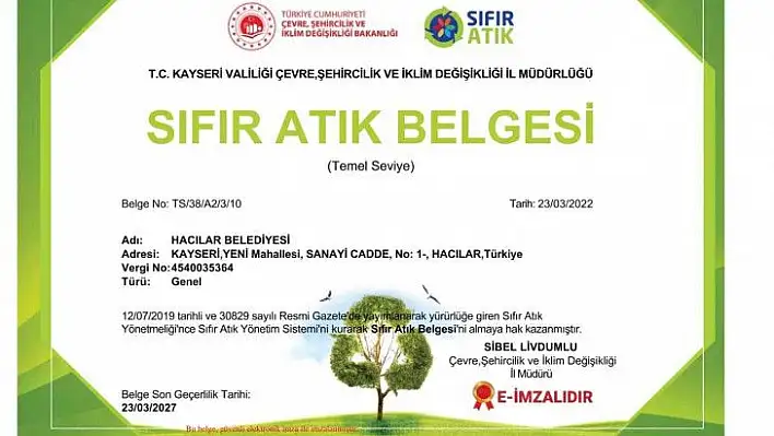 Hacılar Belediyesi sıfır atık belgesi aldı