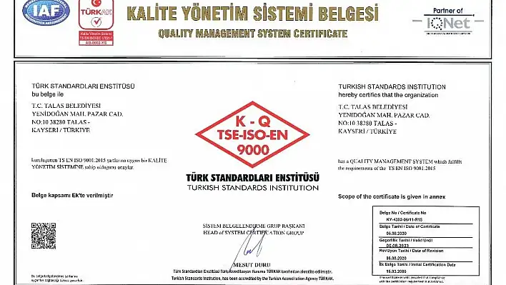 Kalitesi tescilli belediye 'Talas'
