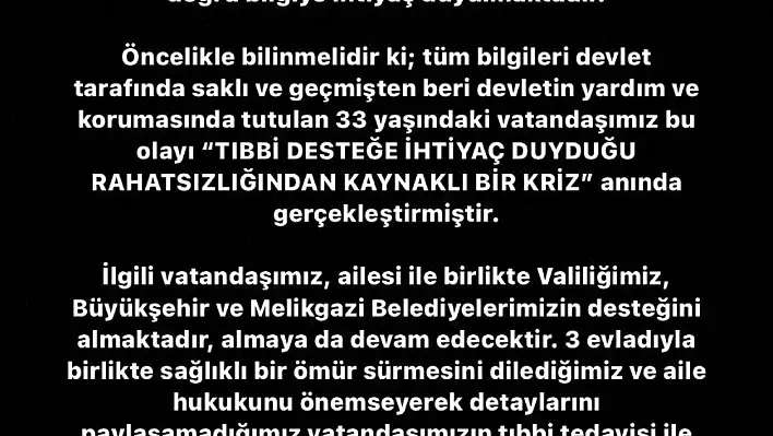 Kayseri Büyükşehir Belediyesinden kendine zarar veren şahıs ile ilgili açıklama