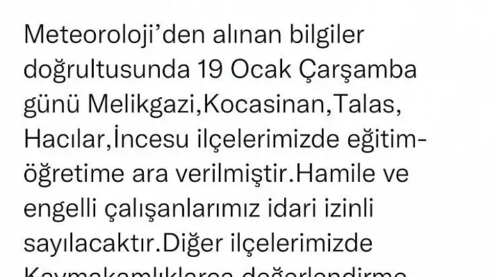 Kayseri'de 5 ilçede eğitime kar engeli