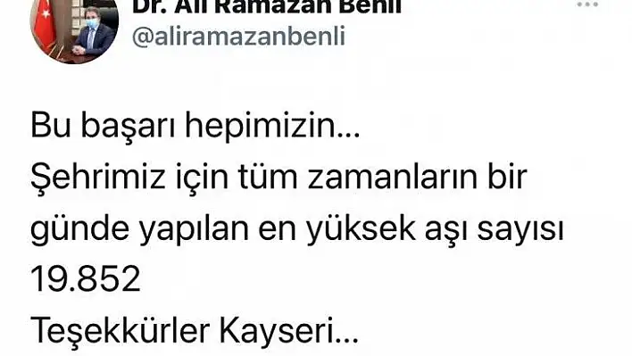 Kayseri'de bir günde 19 bin 852 korona virüs aşısı yapıldı