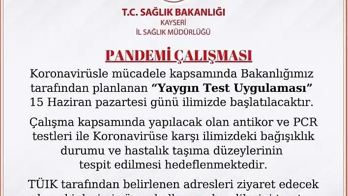 Kayseri'de 'Yaygın Test Uygulaması' başladı