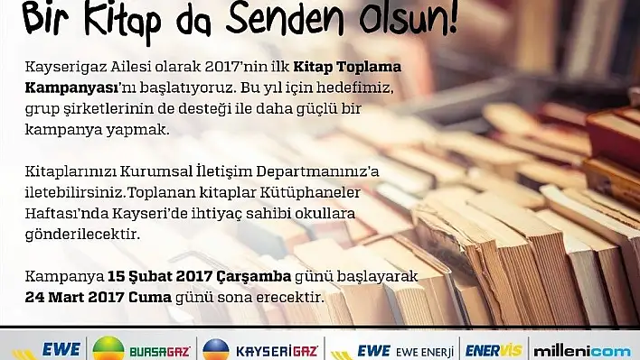 Kayserigaz Kayseri'de ihtiyaç sahibi okula hediye etmek üzere 'Kitap Toplama Kampanyası' başlattı
