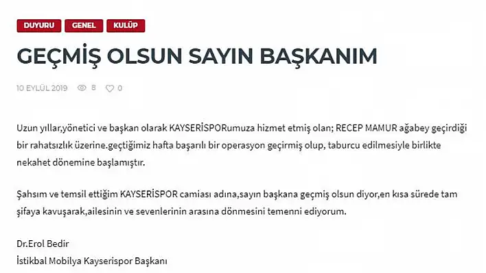 Kayserispor Başkanı Erol Bedir, Mamur için mesaj yayınladı