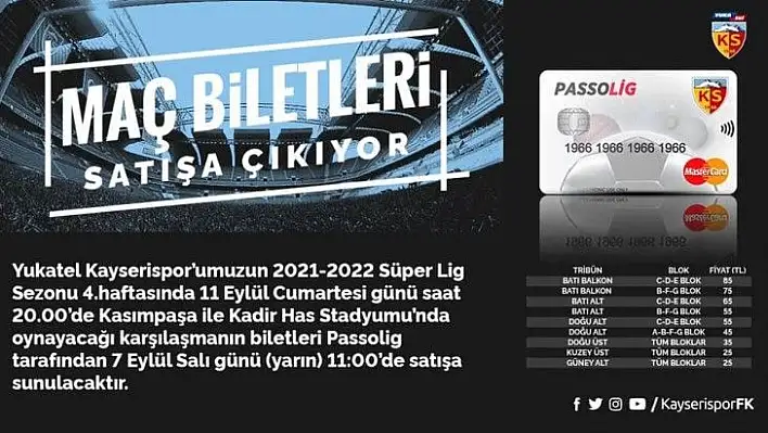 Kayserispor-Kasımpaşa maçının bilet fiyatları belli oldu