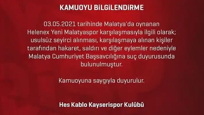 Kayserispor savcılığa başvurdu