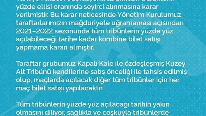 Kayserispor bu sezon kombine bilet satışı yapmayacak