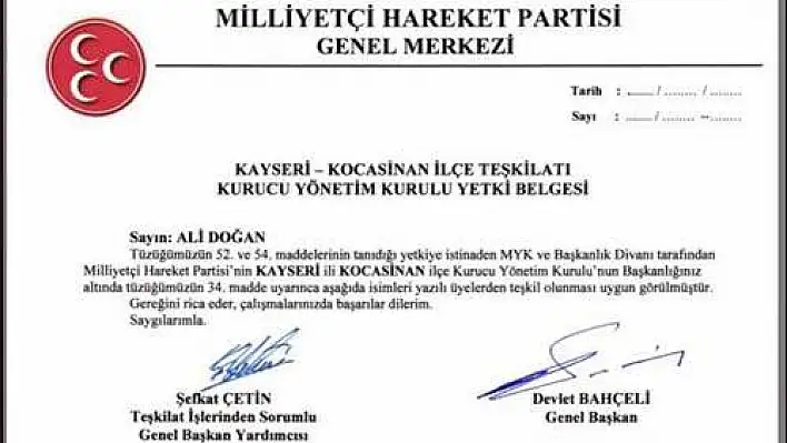 MHP Kocasinan ilçe Başkanlığına genel merkez atama yaptı