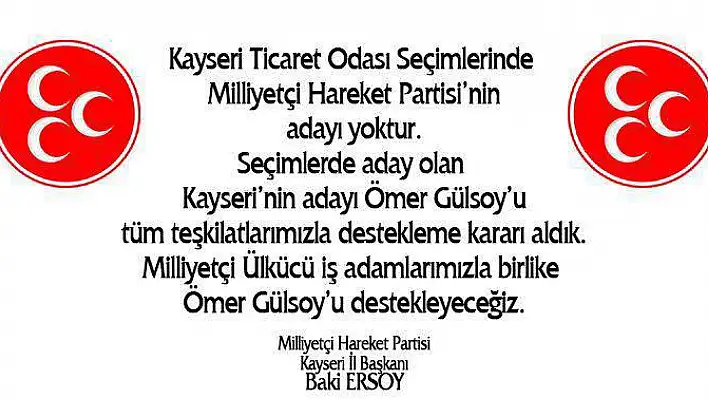 MHP, Ticaret Odası seçimlerinde Gülsoy'u destekleyecek