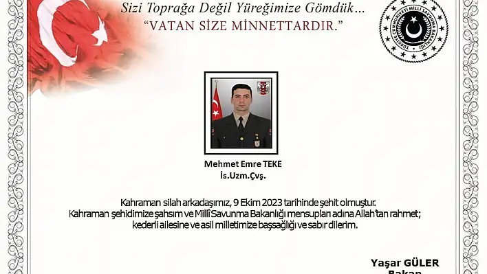 Uzman Çavuş Mehmet Emre Teke şehit oldu