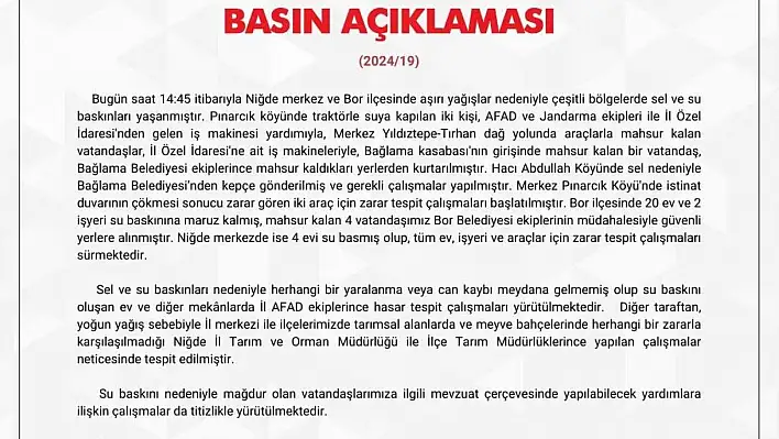 Niğde Valiliğinden 'sel' açıklaması