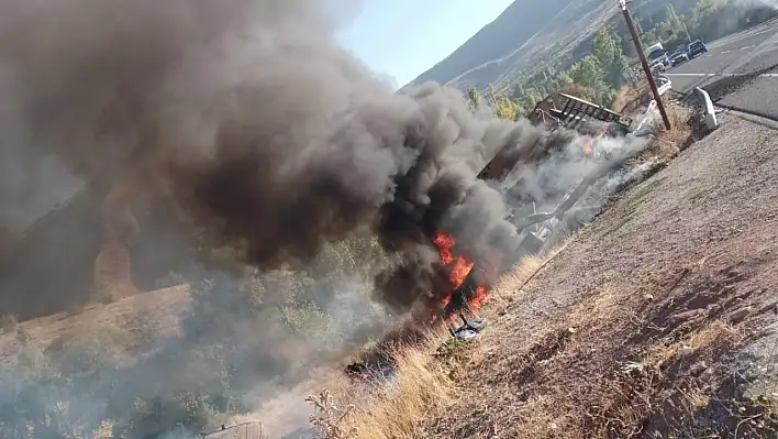 Şarampole devrilen TIR alev aldı!