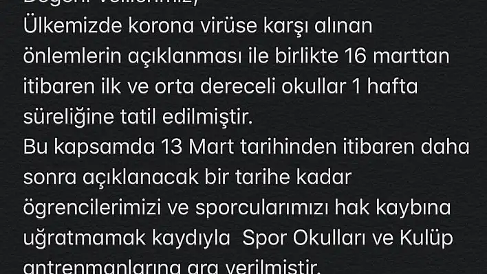 Spor camiası kendi içinde Koronavirüs önlemleri almaya başladı
