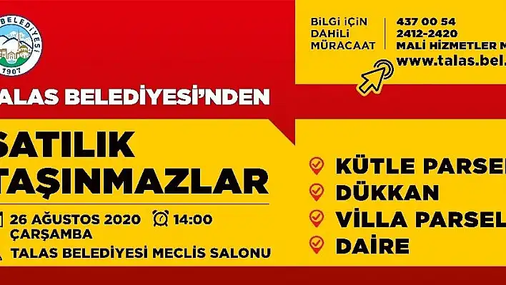 Talas Belediyesi'nden satılık taşınmazlar