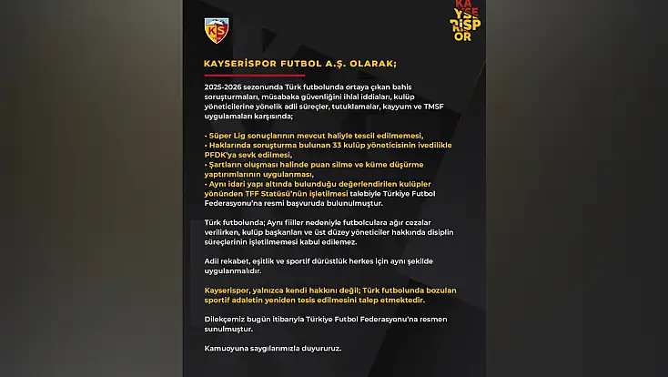 Süper Lig’den düşen Kayserispor’dan TFF’ye dilekçe