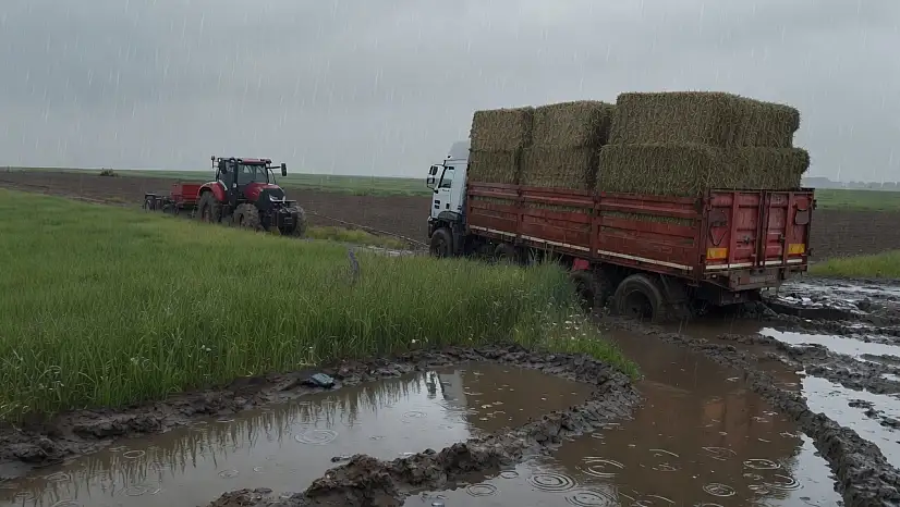 Yağışlar nedeniyle TIR'lar çamura saplandı. Çiftçiler Büyükşehir'e çağrı yaptı