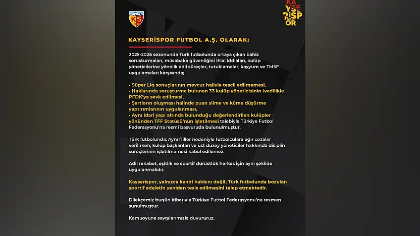 Süper Lig'den düşen Kayserispor'dan TFF'ye dilekçe