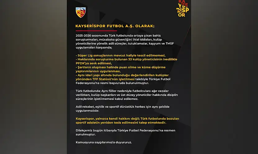 Süper Lig'den düşen Kayserispor'dan TFF'ye dilekçe