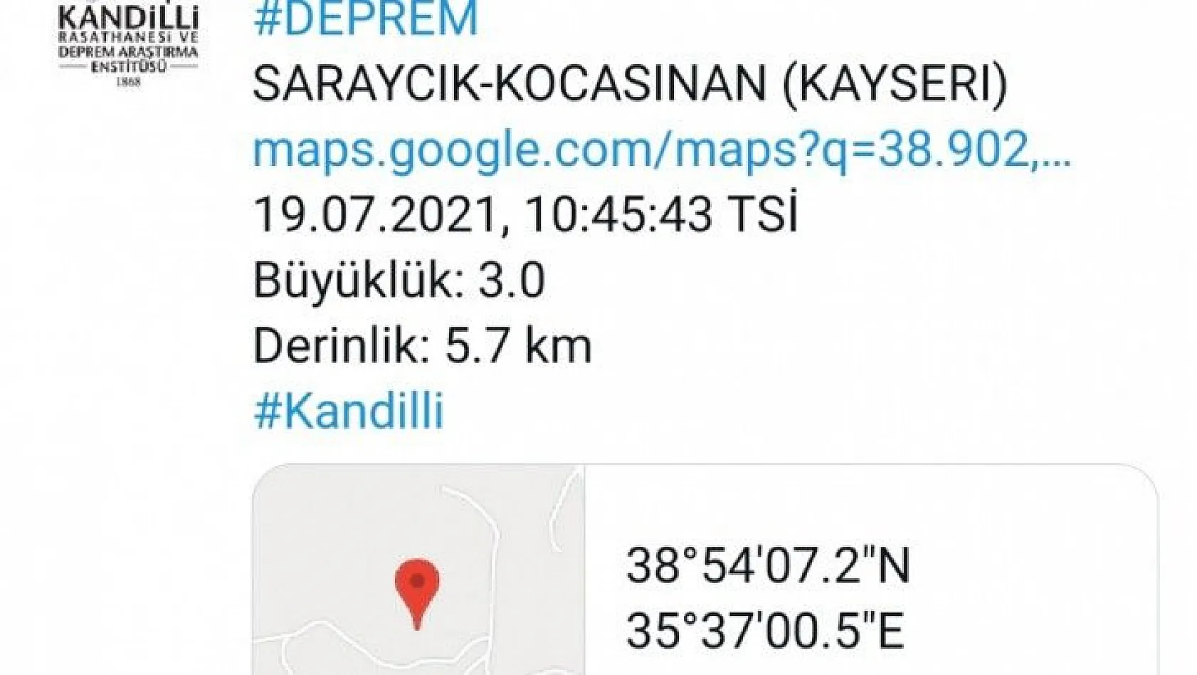 İşte Kayseri'deki depremin merkez üssü
