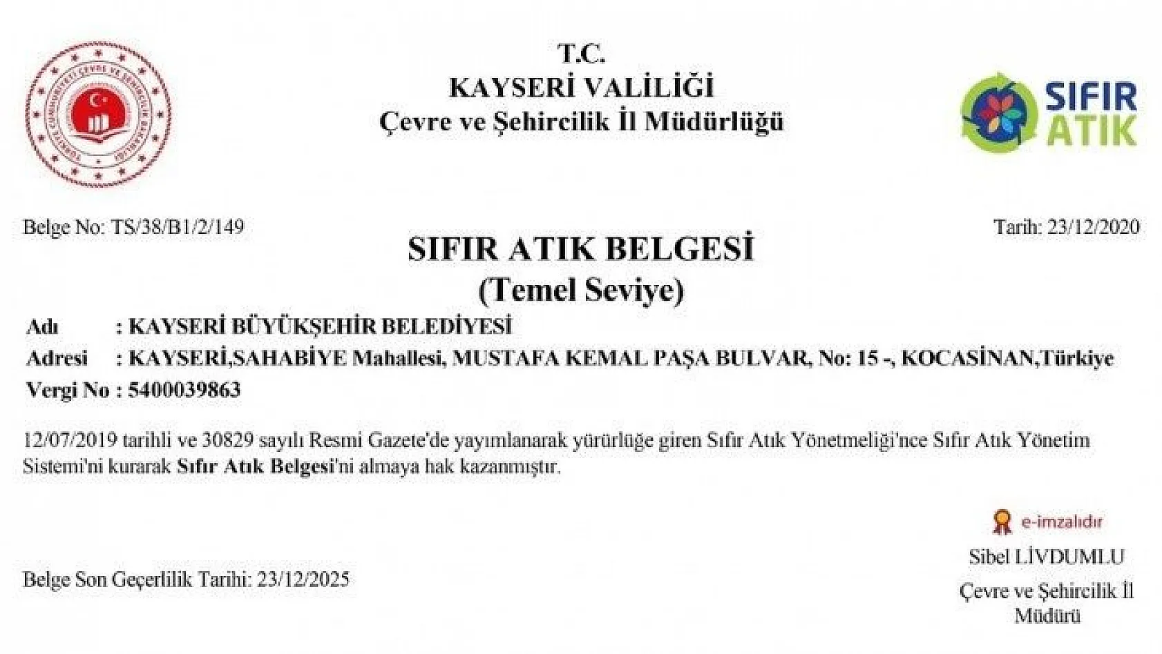 Büyükşehir Belediyesi 'Sıfır Atık' belgesi aldı