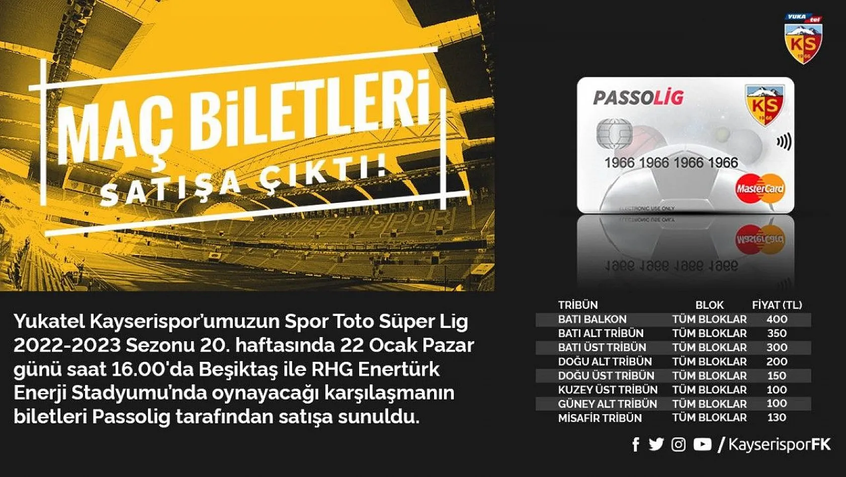 Kayserispor - Beşiktaş maçı bilet fiyatları belli oldu