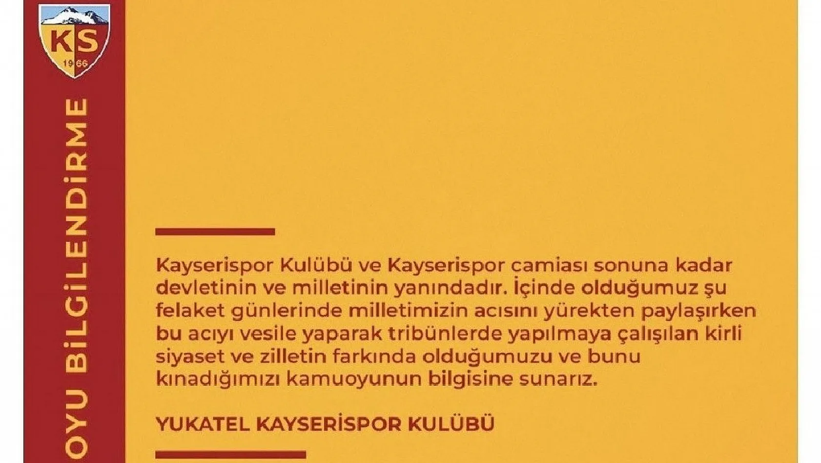 Kayserispor'dan Açıklama: 'Kayserispor camiası sonuna kadar devletinin ve milletinin yanındadır'