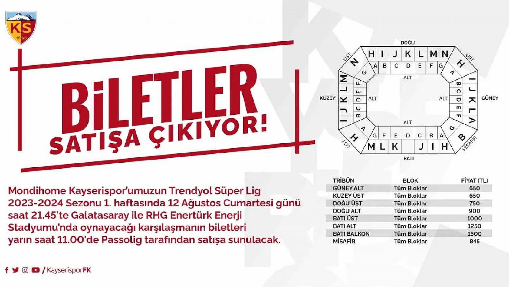 Kayserispor Galatasaray maç bilet fiyatları belli oldu!