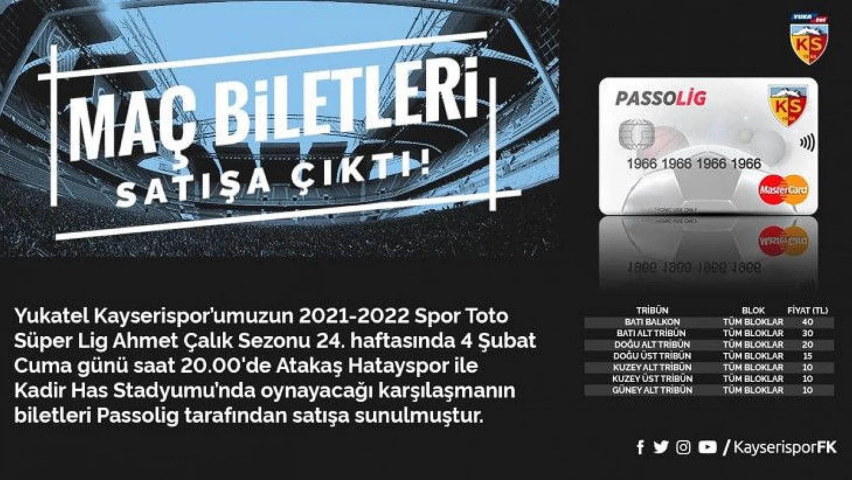 Kayserispor-Hatayspor maçı biletleri satışa sunuldu