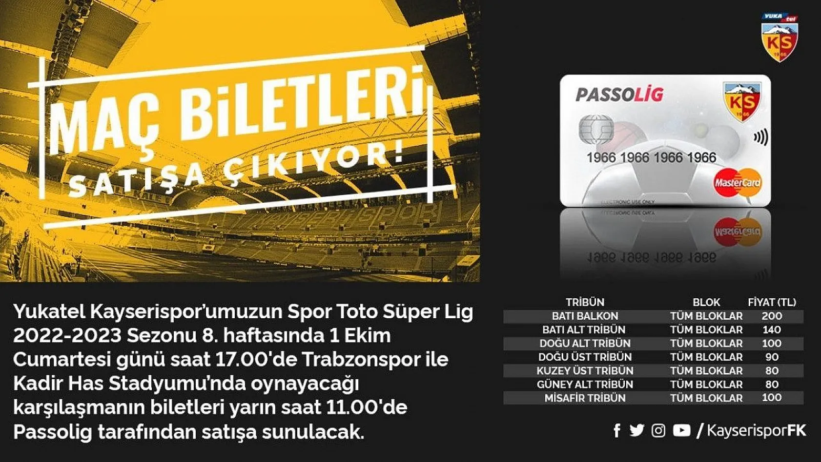 Kayserispor - Trabzonspor maçı bilet fiyatları belli oldu