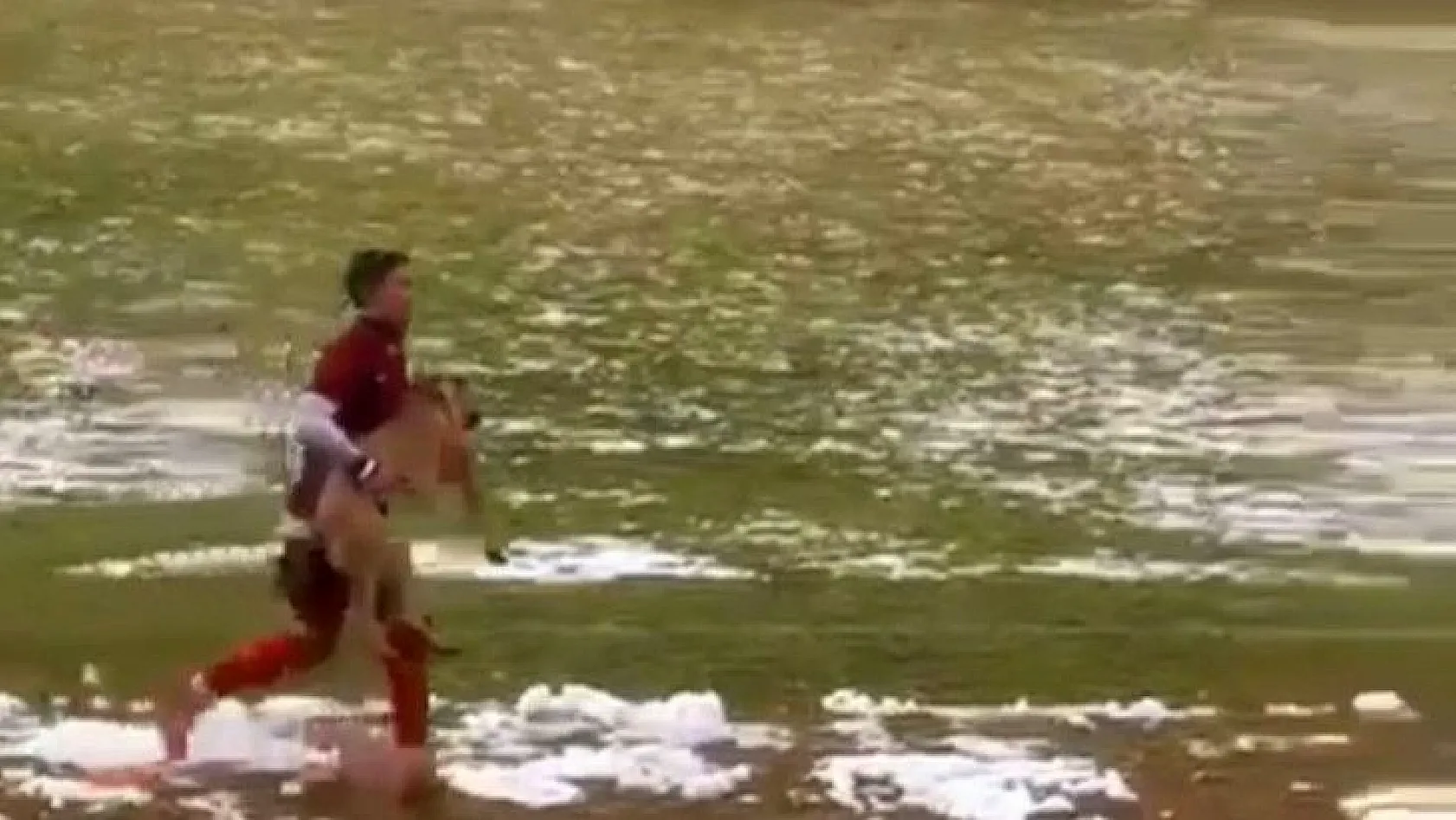 Maçı durduran köpeği futbolcu kucağına alarak çıkardı