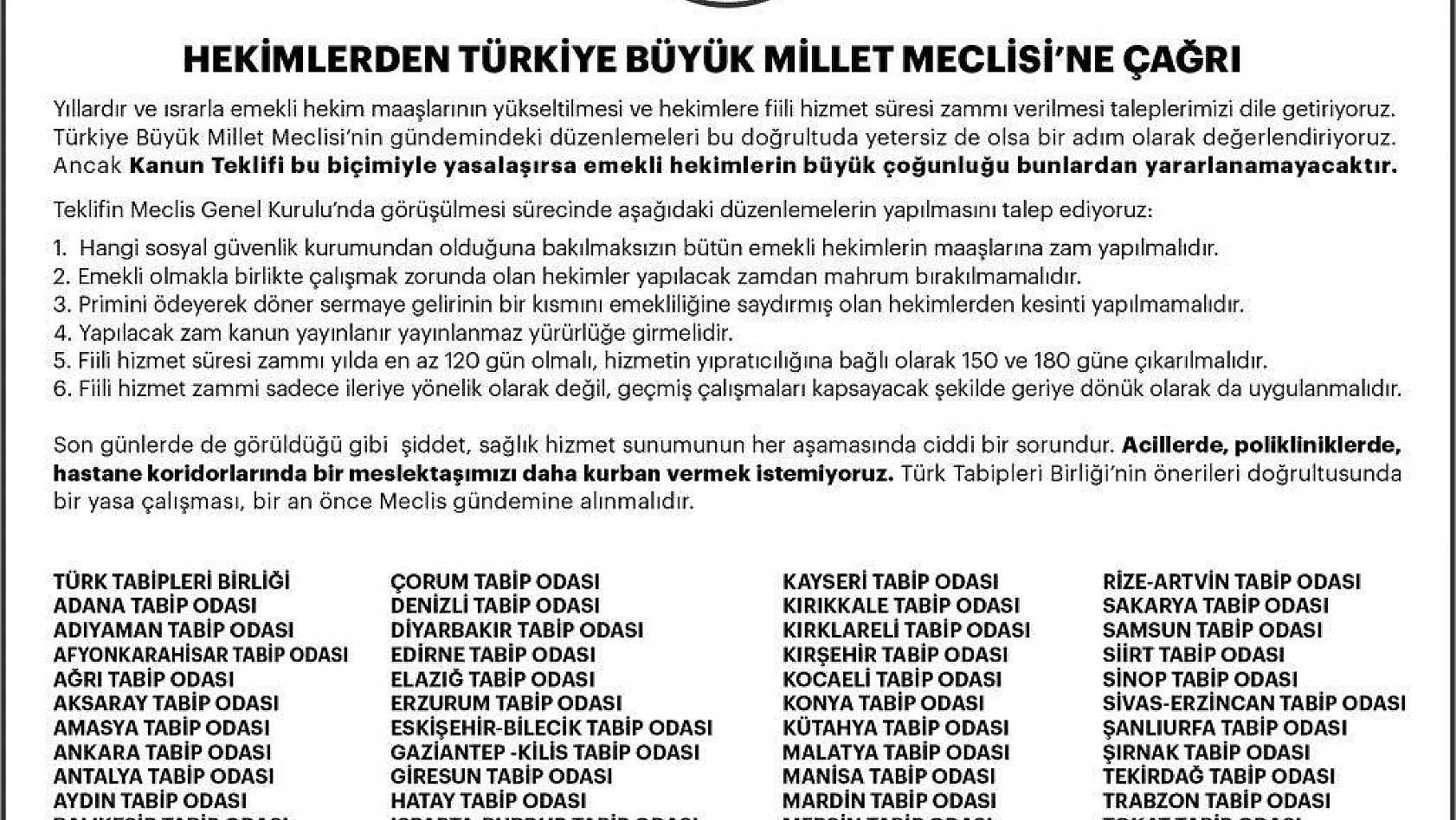 Türk Tabipler Birliği'nden Meclis'e çağrı