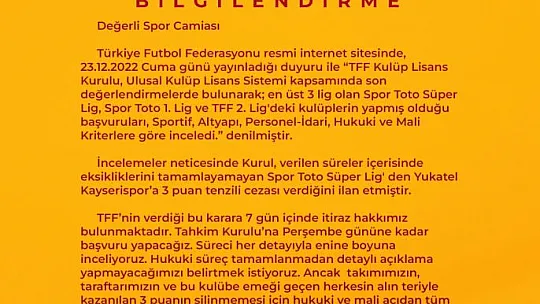 Kayserispor'dan resmi açıklama geldi