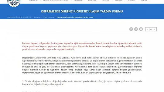 Kayseri Büyükşehir'den Depremzede Öğrencilere Ücretsiz Ulaşım İmkanı