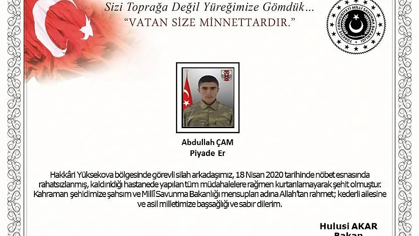 Akar dan şehit Asker için başsağlığı mesajı